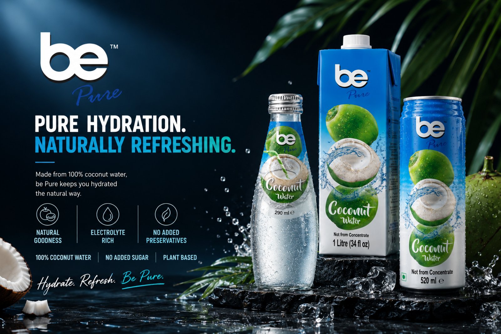 Coconut water packaging comparison showing aluminum can, aseptic carton, and glass bottle formats