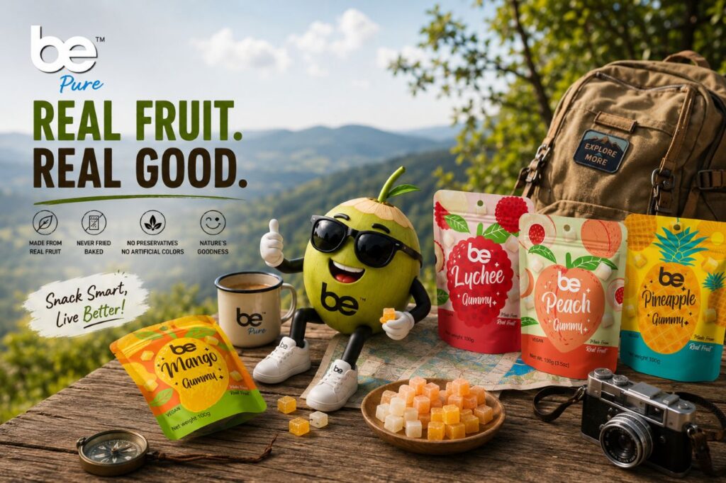 BE tropical fruit gummies in mango lychee peach and pineapple flavors