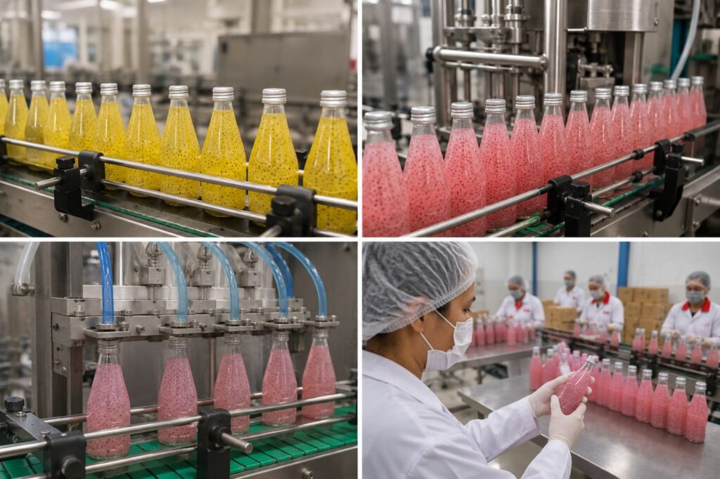 Basil seed drink filling and bottling process at beverage factory in Thailand