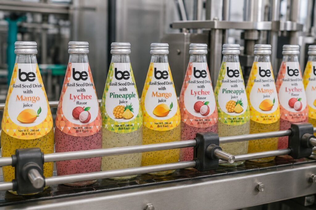 Basil seed drink bottles on beverage production line in Thailand