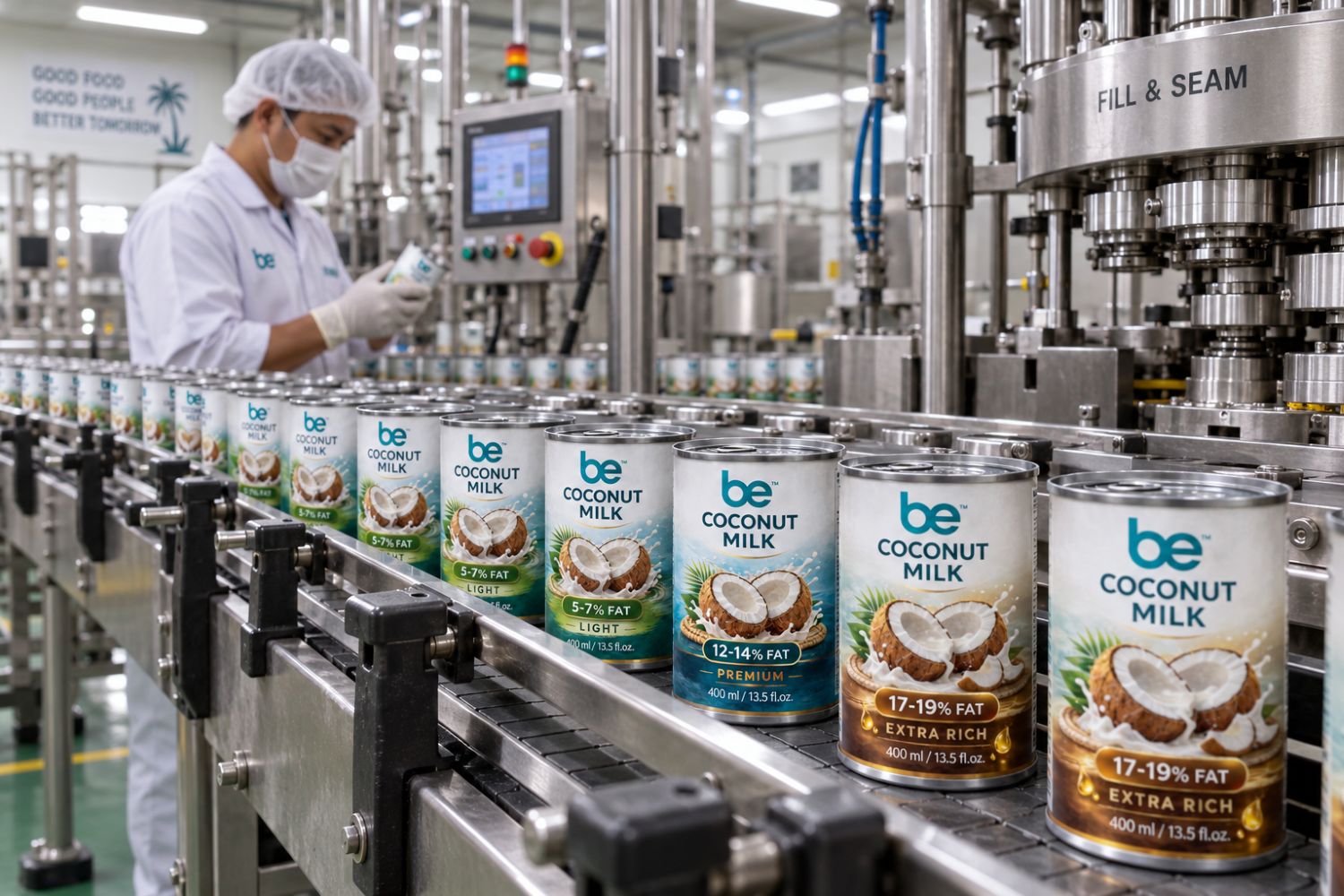 Thai coconut milk processing and controlled manufacturing line