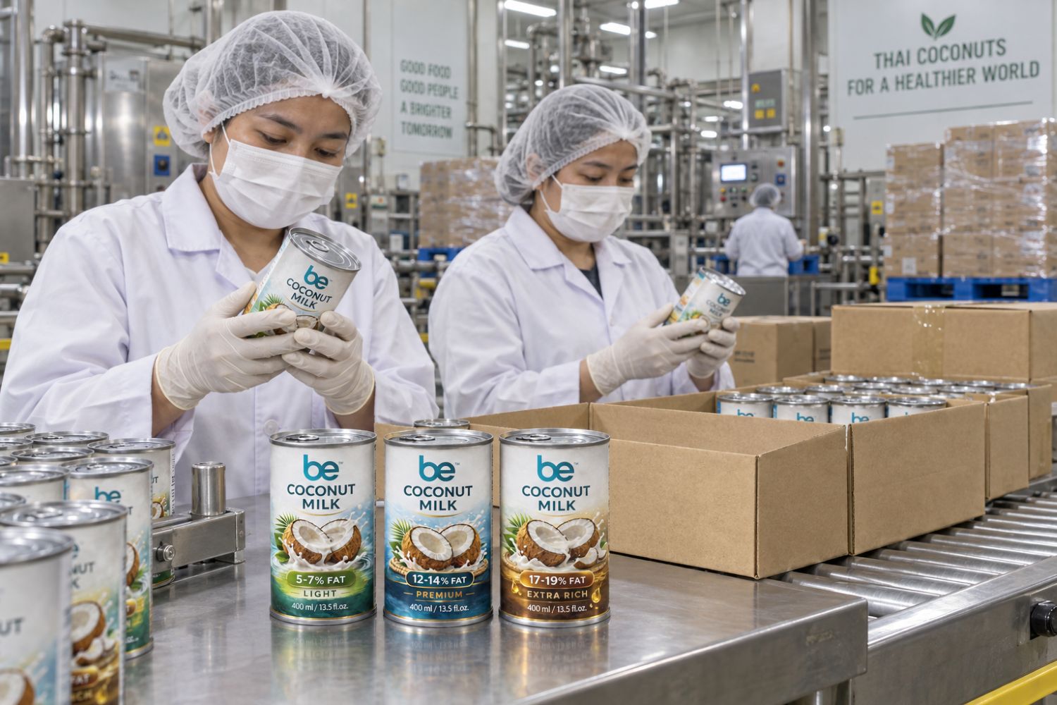 Coconut milk can packing and export preparation at Thailand manufacturing facility